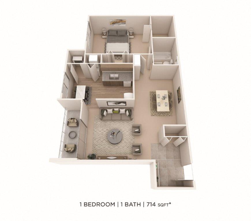 Floor plan for 1 bed, 1 bath, 714 sqft
